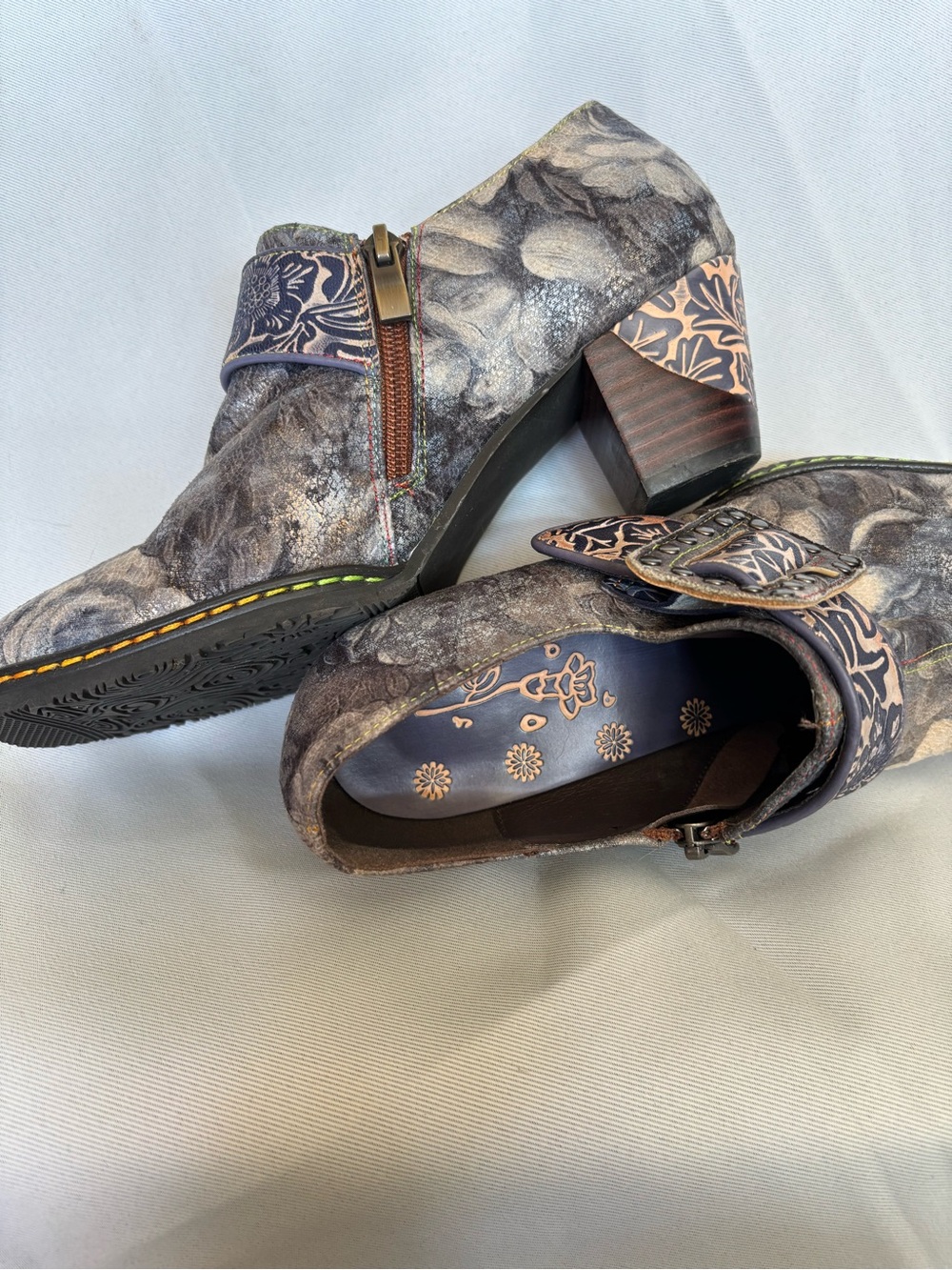 Floral-Accent Gray Buckle Ankle Booties